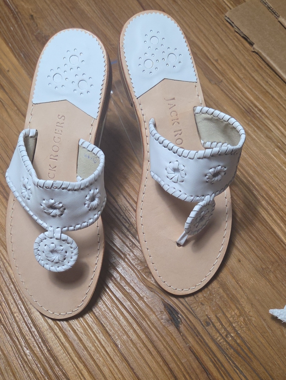 Jack Rogers White Leather Thong Sandals with Woven Medallions